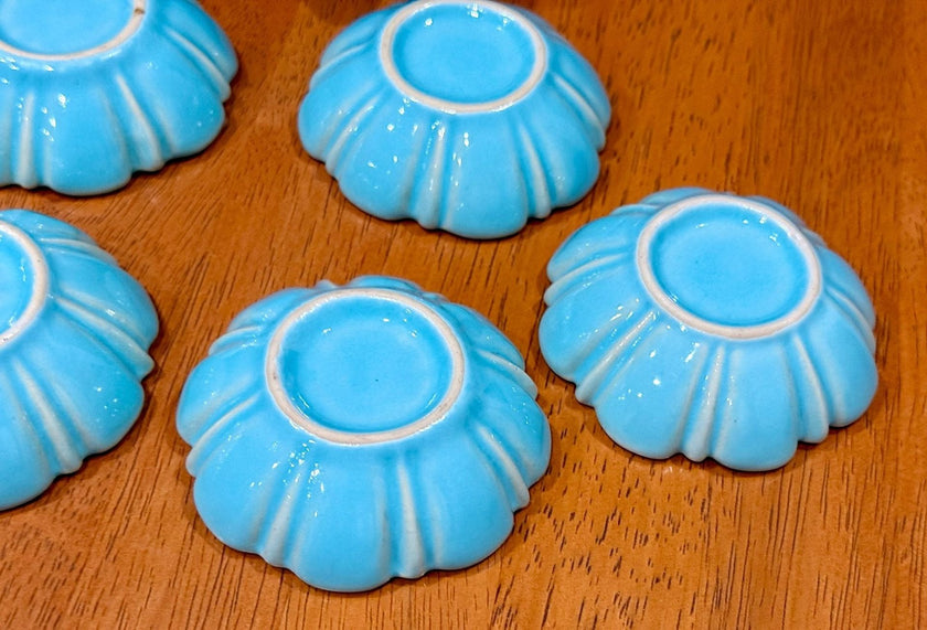 Set of 7 Vintage Turquoise Blue Glazed Ceramic Scalloped Salt Cellar Dip Bowls