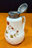 Vintage Milk Glass Floral Pattern Syrup Pitcher Hinged Metal Lid