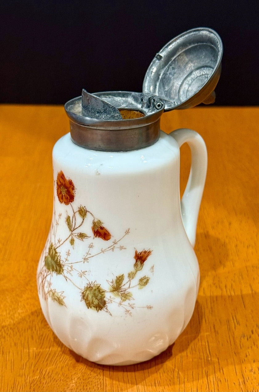 Vintage Milk Glass Floral Pattern Syrup Pitcher Hinged Metal Lid