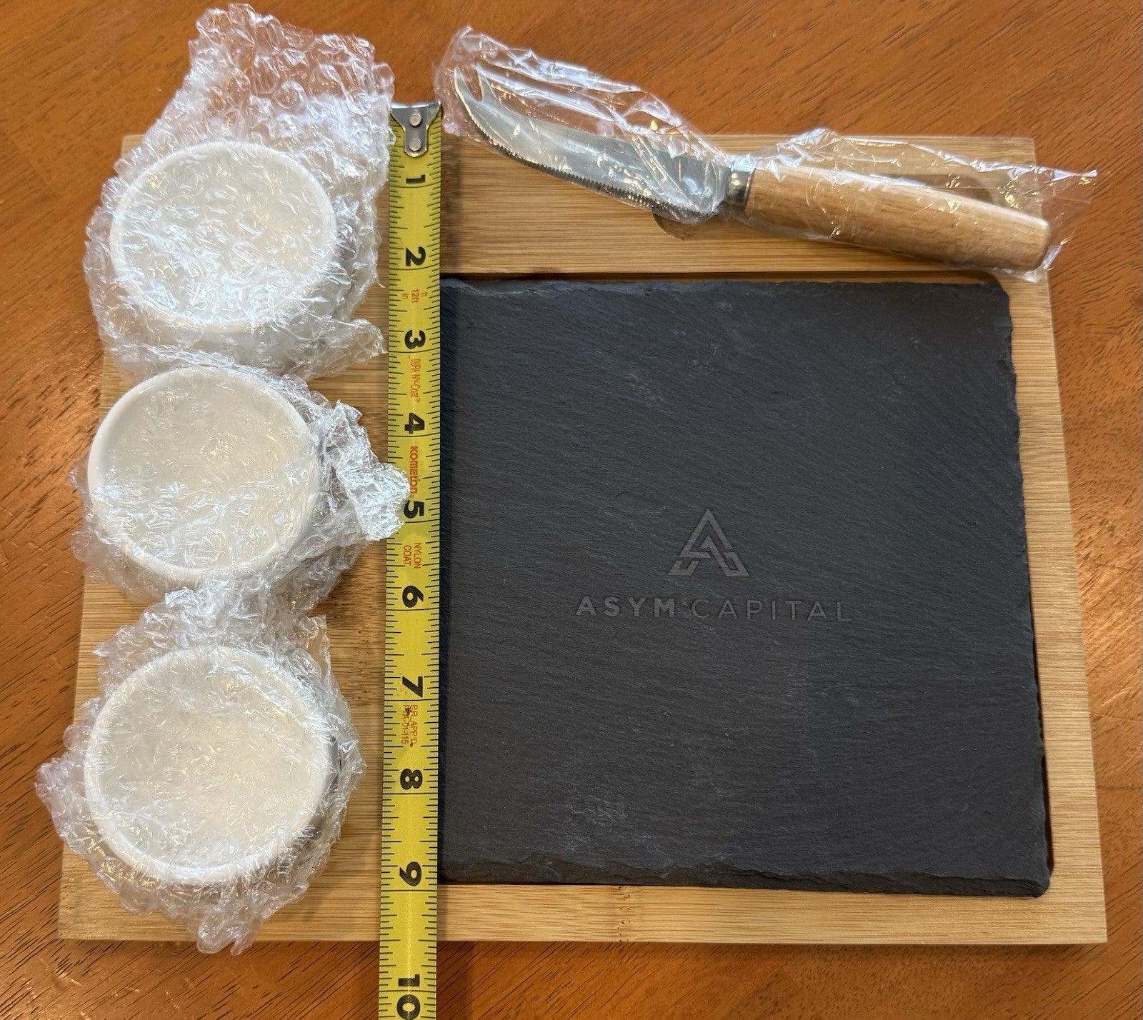 Cheese & Dip Serving Set Bamboo Board 3 Ramekins Slate Square Cheese/Meat Knife