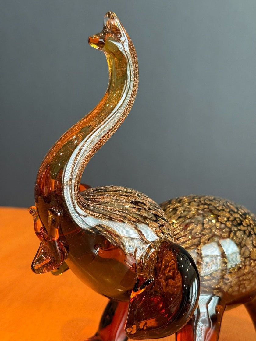 Dynasty Gallery Amber Art Glass Elephant Figurine with Gold Aventurine Flecks