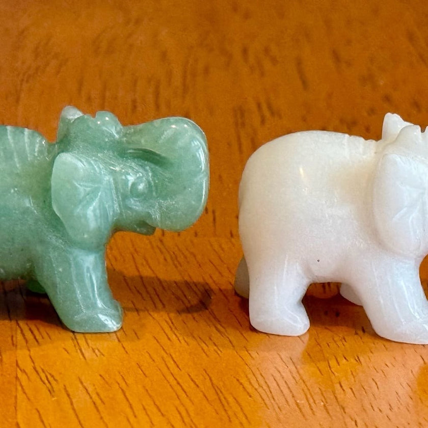 Set of 5 Vintage Hand Carved Gemstone and Quartz Elephant Figurines