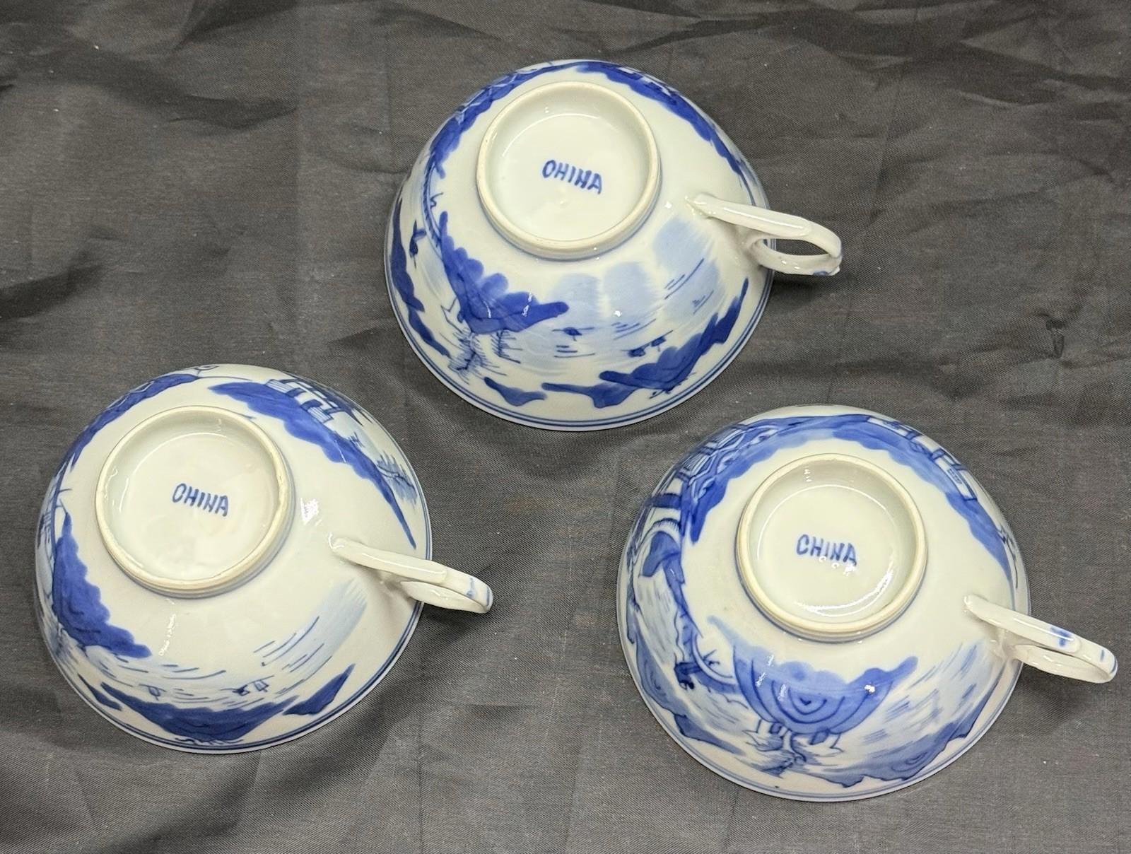 Antique Set 3 Chinese Export Blue & White Canton Pattern Porcelain Tea Cups Rare