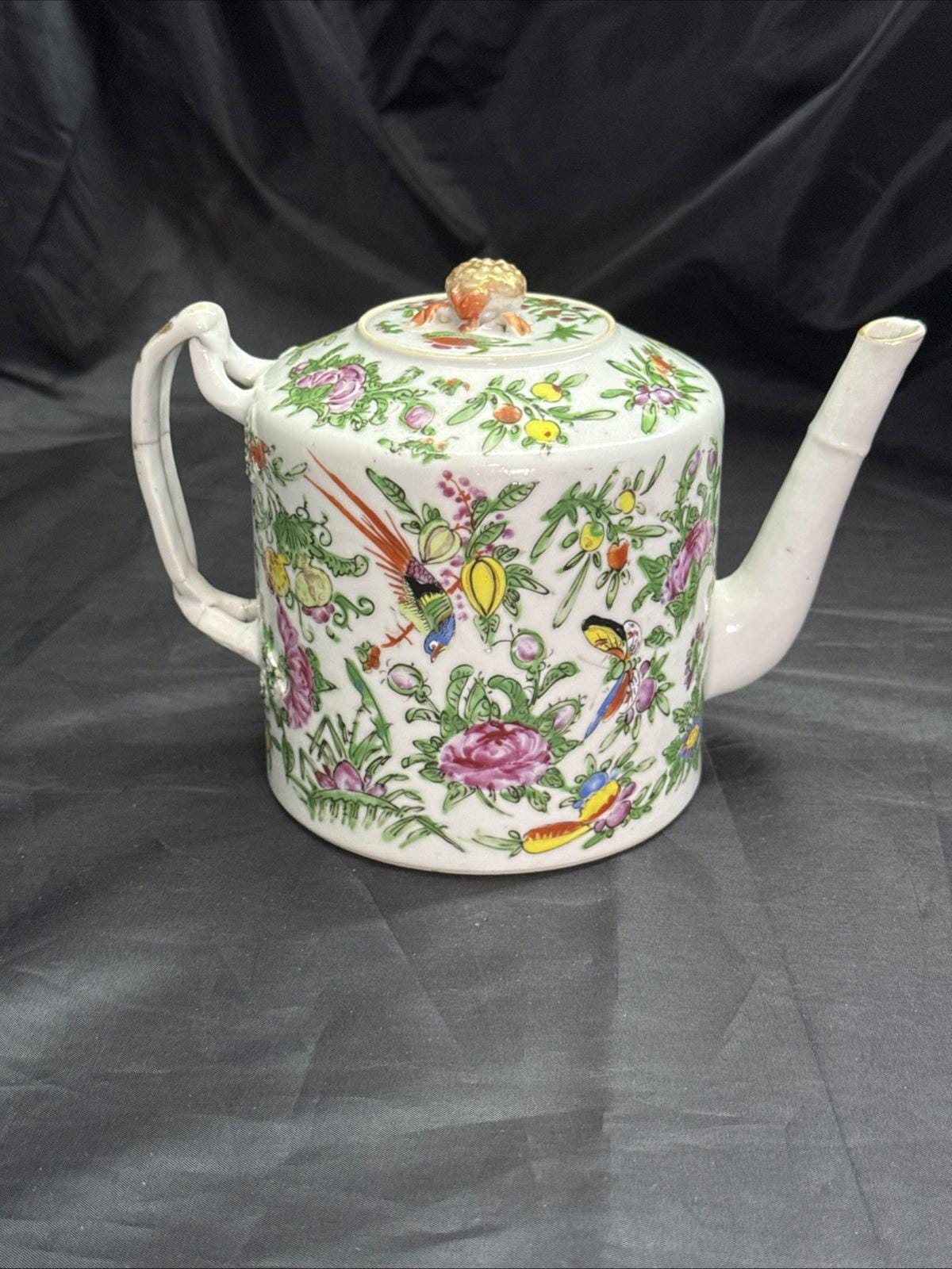 Antique Chinese Porcelain Teapot with Lid Cantonese Famile Rose 19th Century
