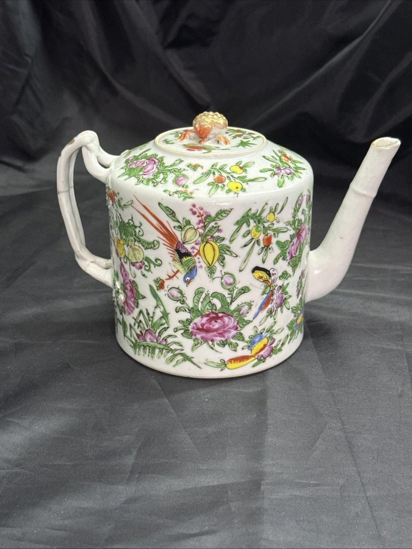 Antique Chinese Porcelain Teapot with Lid Cantonese Famile Rose 19th Century