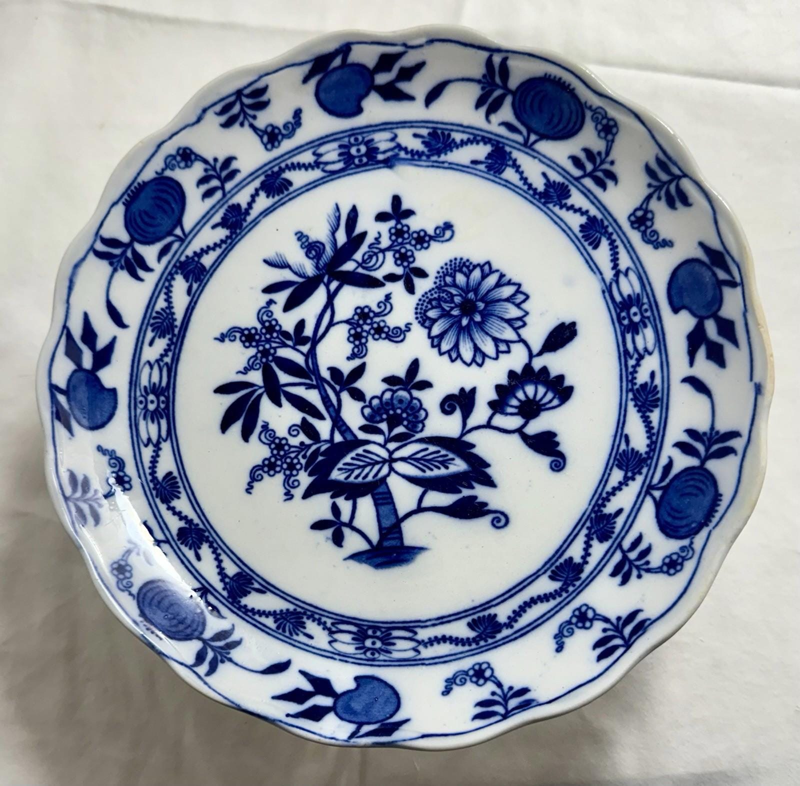 Antique Lewis Straus & Sons Blue Meissen Pedestal Cake Stand Blue Onion Pattern