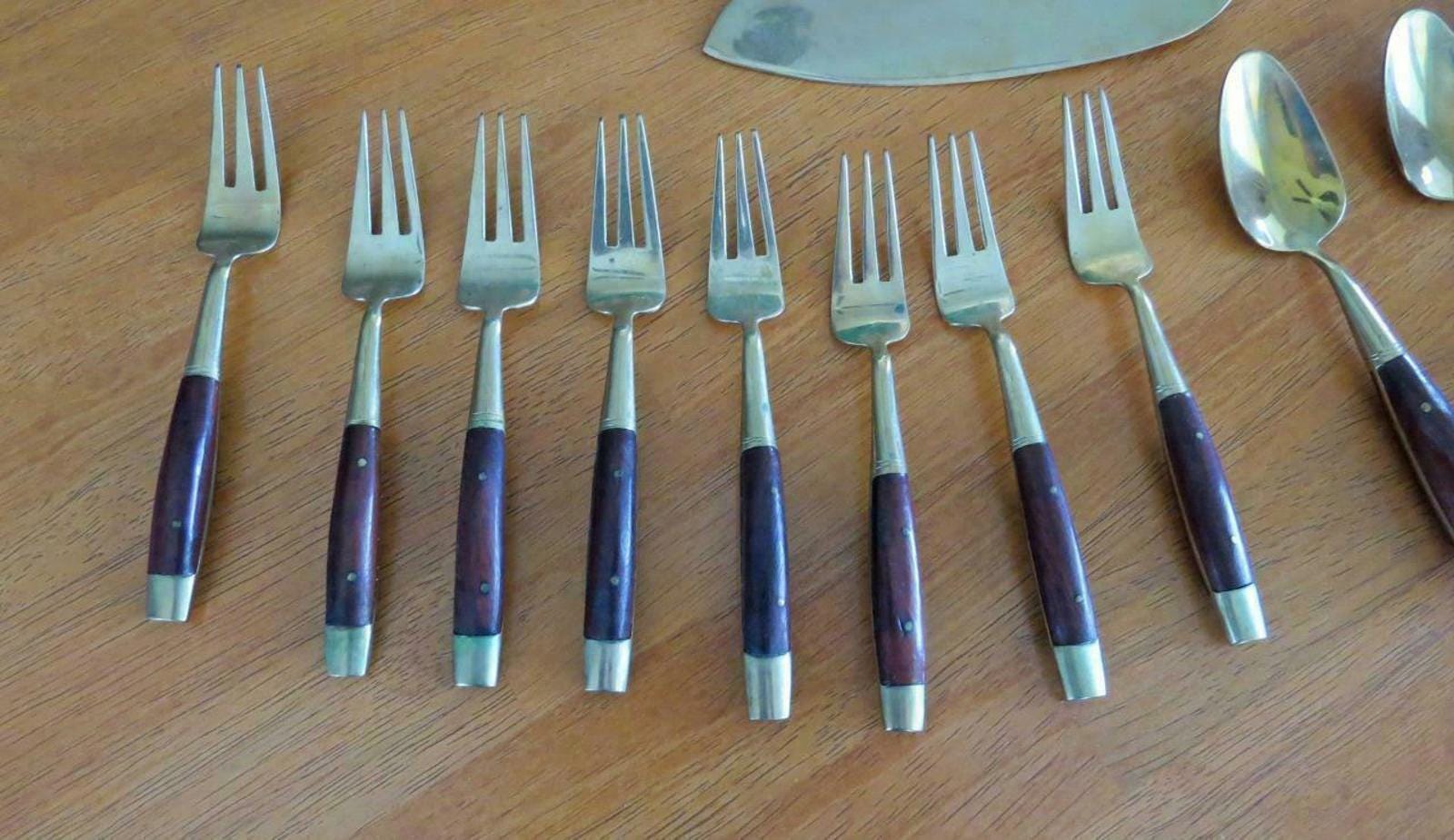 Vintage Thailand Siam Gold Bronze Rosewood Dessert Serving Set of 19 with Chest