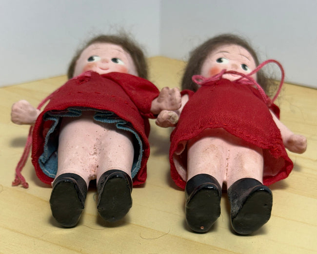 Pair of Vintage 1930s Roberta Composition Kewpie-Style Dolls in Red Dresses