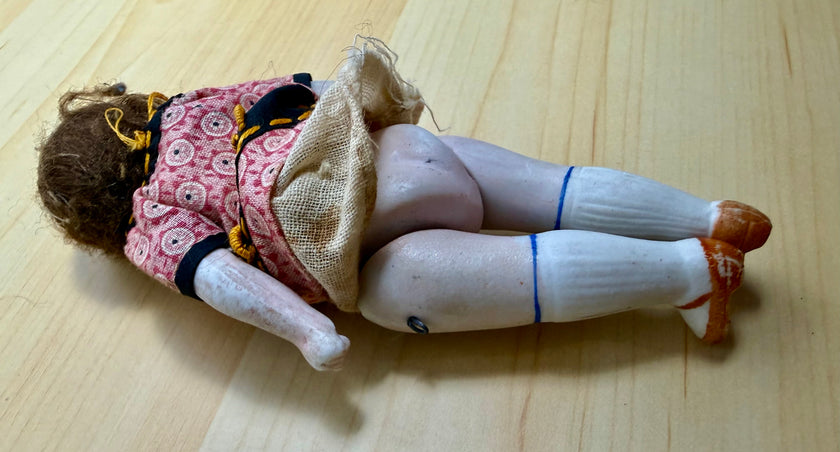 Antique Bisque Porcelain Jointed Doll Painted Blue Socks Original Cloth Dress