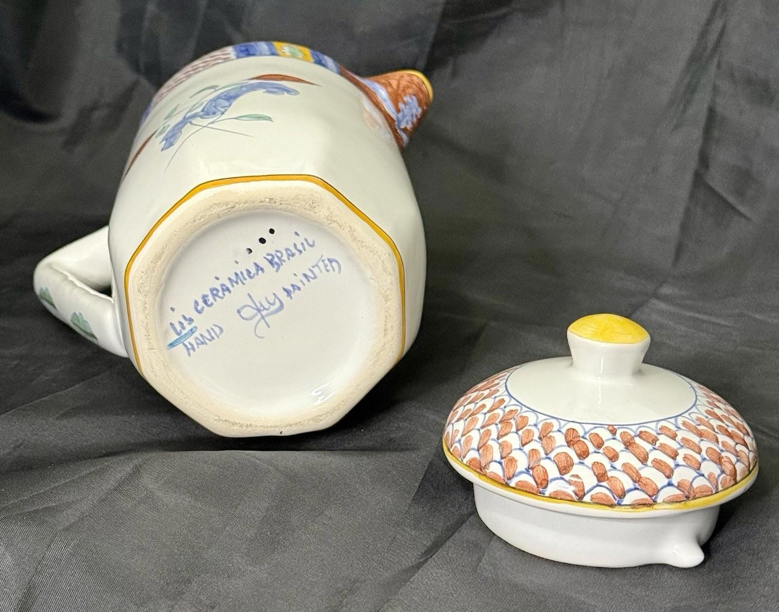 Vintage Ceramic Teapot Pitcher Lis Ceramica Brasil Floral Motif Folk Art Lidded