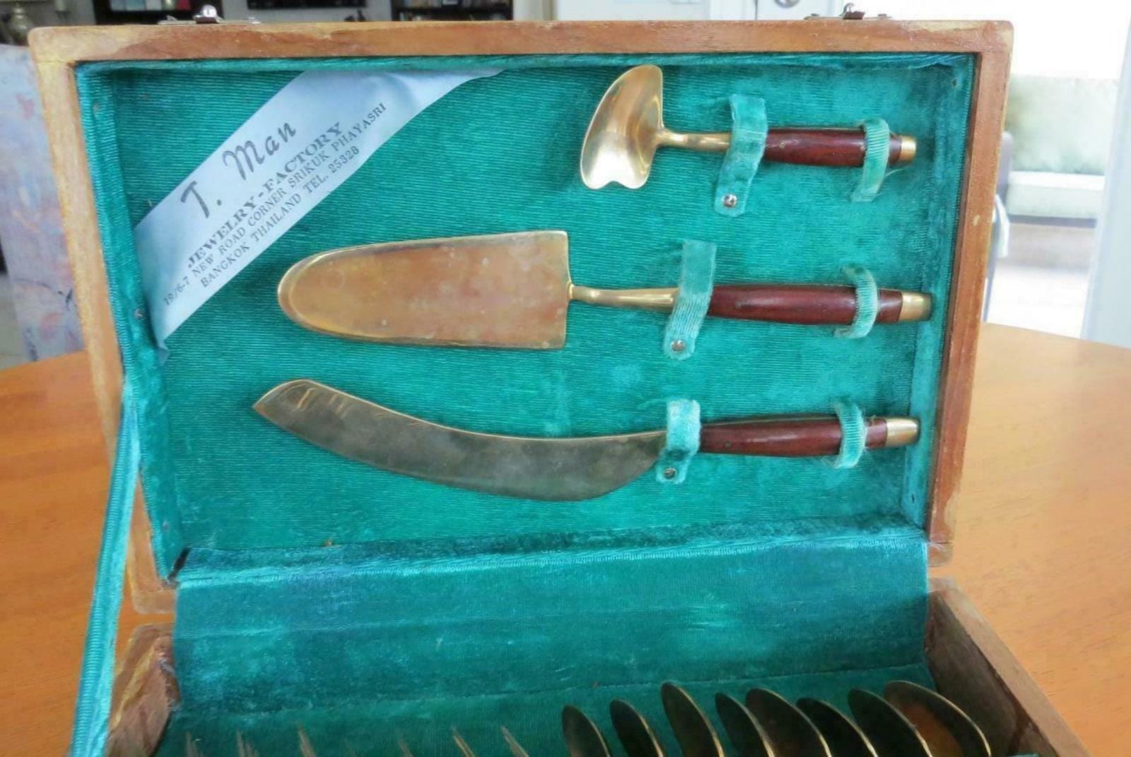 Vintage Thailand Siam Gold Bronze Rosewood Dessert Serving Set of 19 with Chest