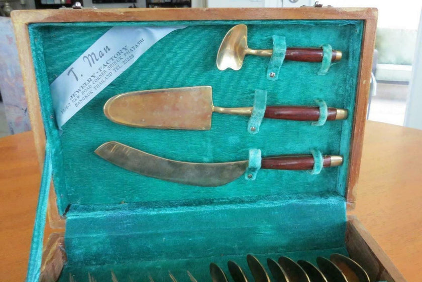 Vintage Thailand Siam Gold Bronze Rosewood Dessert Serving Set of 19 with Chest