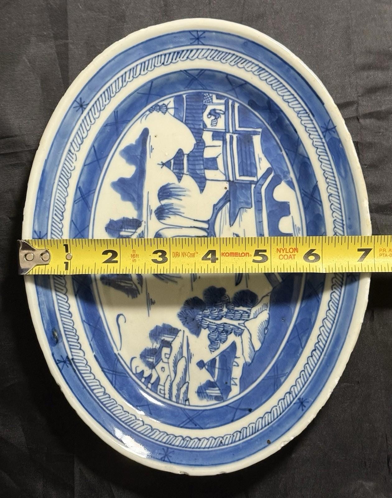 Antique Chinese Canton Blue & White Porcelain Small Oval Dish 9x11” Circa 19th C