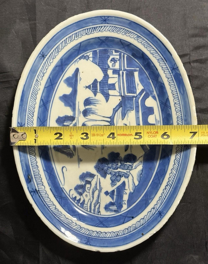 Antique Chinese Canton Blue & White Porcelain Small Oval Dish 9x11” Circa 19th C