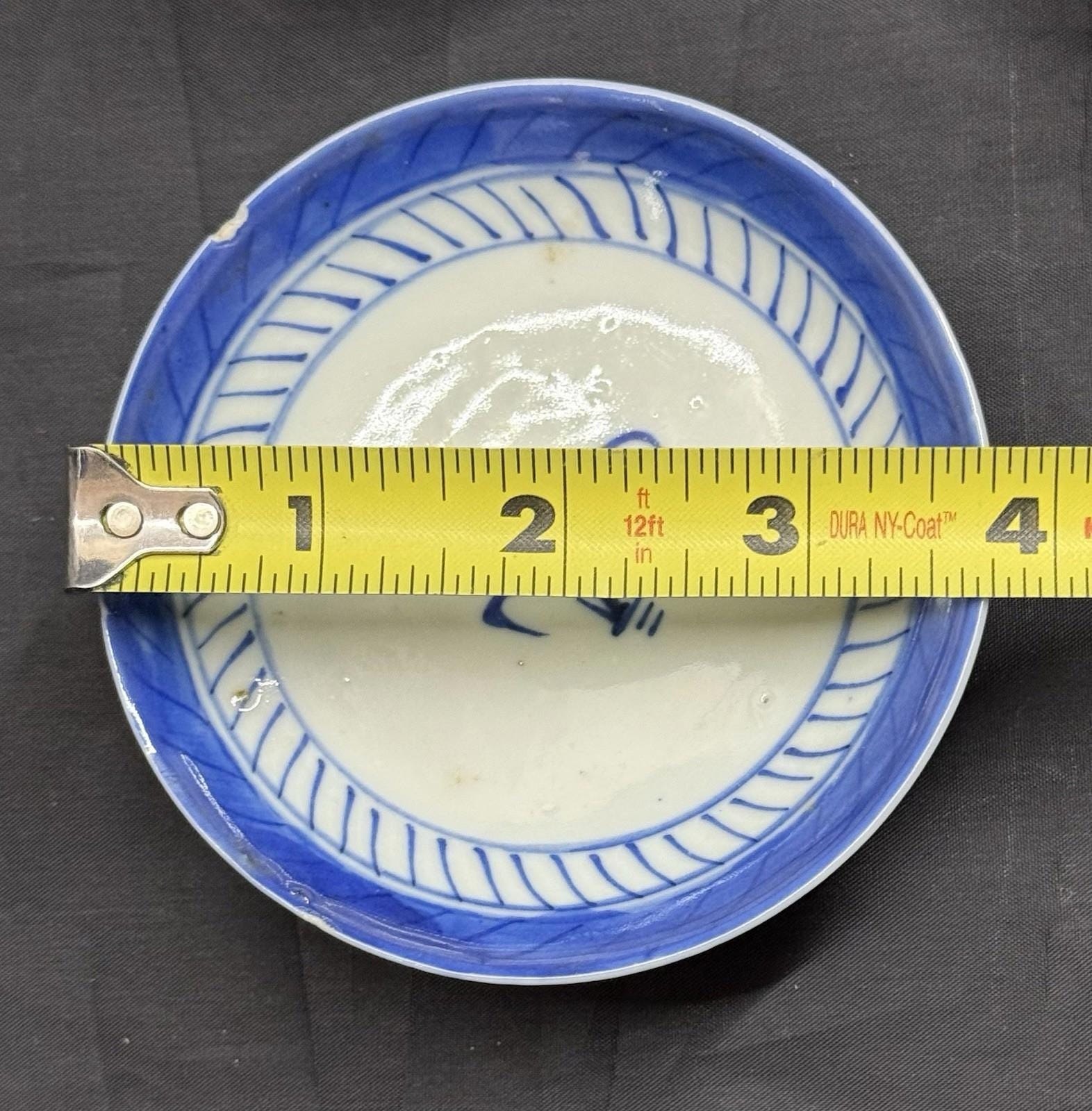 Antique Set 7 Chinese Blue & White Porcelain Sauce Dishes Canton Pattern Footed