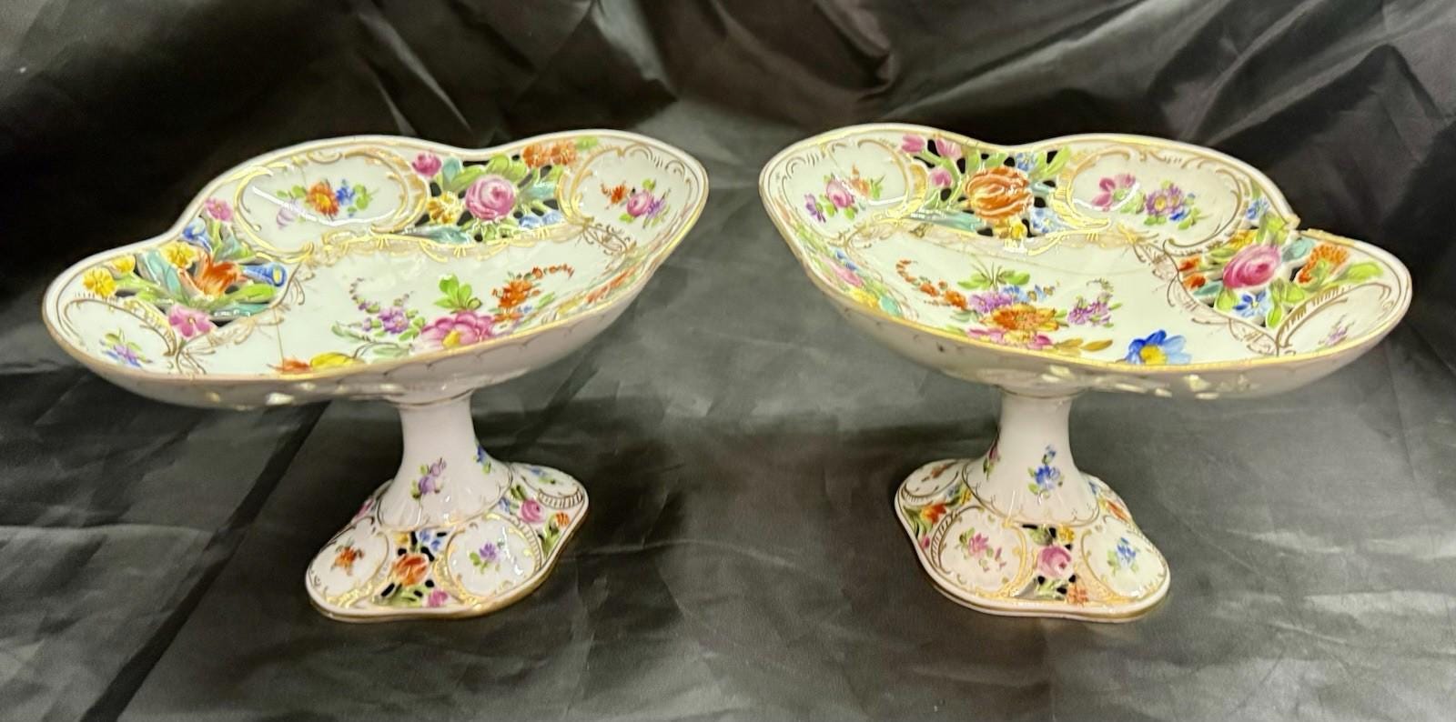 Antique Set 2 Carl Thieme Dresden Porcelain Reticulated Compotes Repaired RARE!