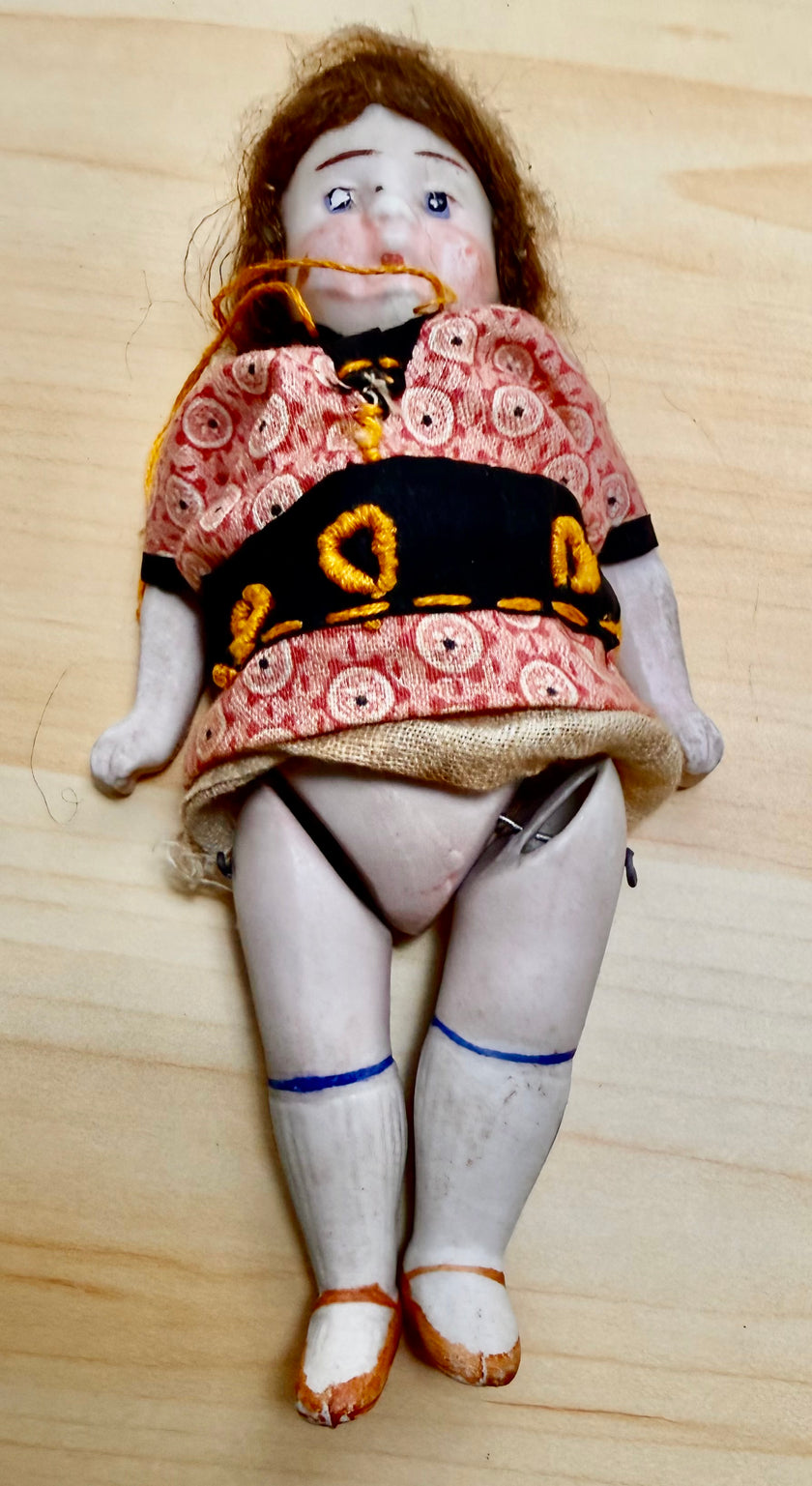 Antique Bisque Porcelain Jointed Doll Painted Blue Socks Original Cloth Dress