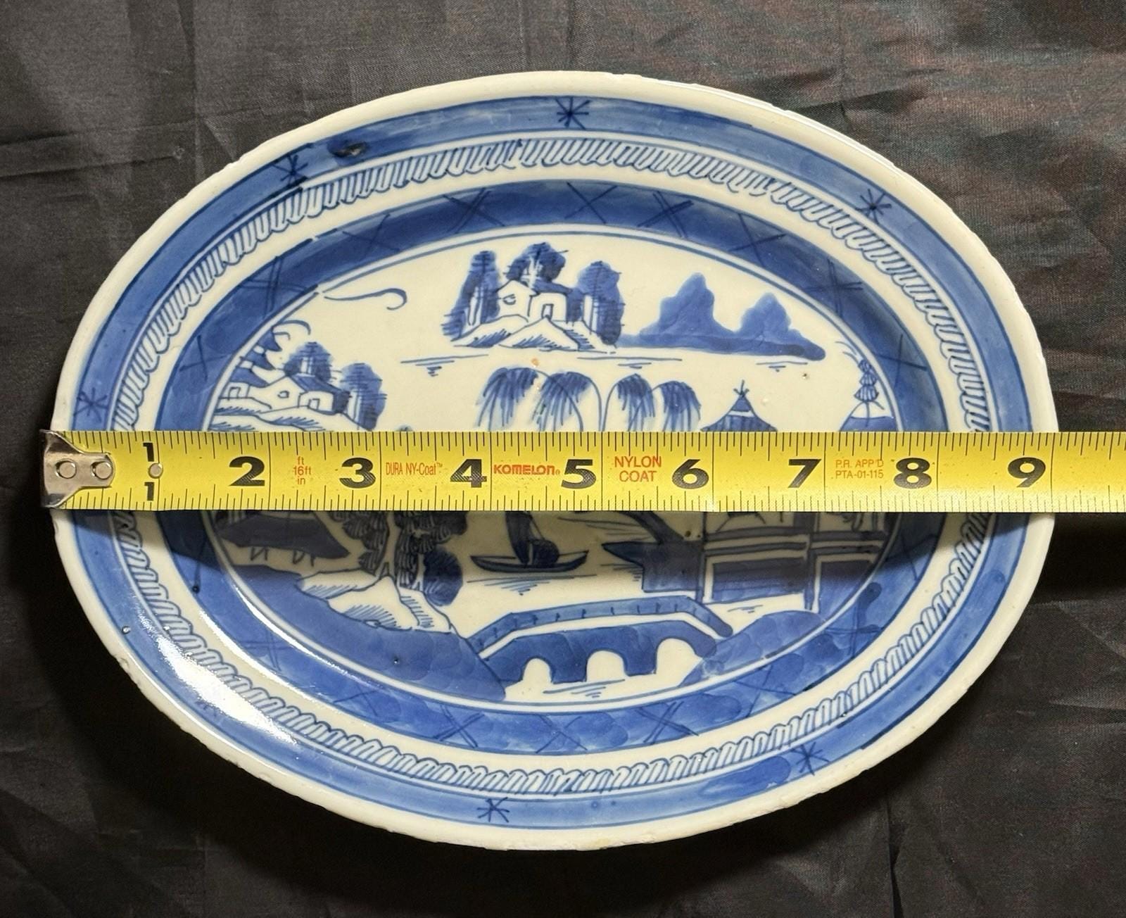 Antique Chinese Canton Blue & White Porcelain Small Oval Dish 9x11” Circa 19th C