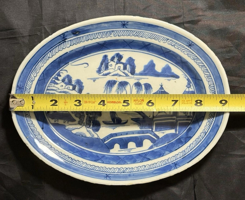 Antique Chinese Canton Blue & White Porcelain Small Oval Dish 9x11” Circa 19th C