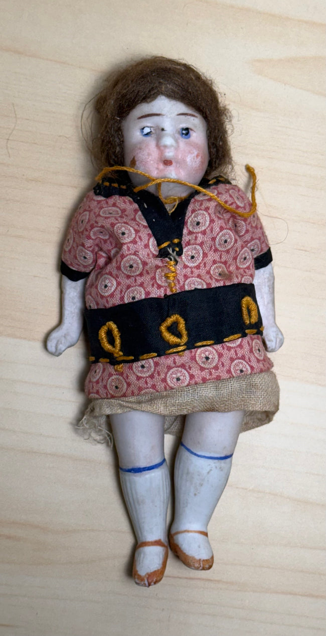 Antique Bisque Porcelain Jointed Doll Painted Blue Socks Original Cloth Dress