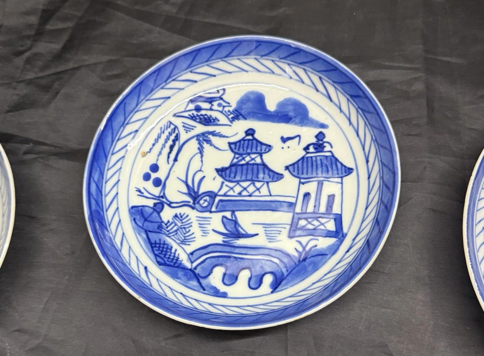 Antique Set Of 6 Chinese Export Canton Blue and White Plates 6” High Rim RARE!