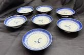 Antique Set 7 Chinese Blue & White Porcelain Sauce Dishes Canton Pattern Footed