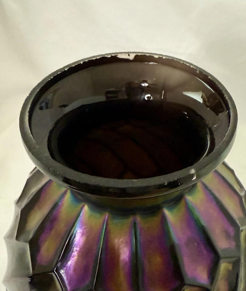 Vintage Black Iridescent Art Deco Avec Rectangles Carnival Glass Rainbow RARE