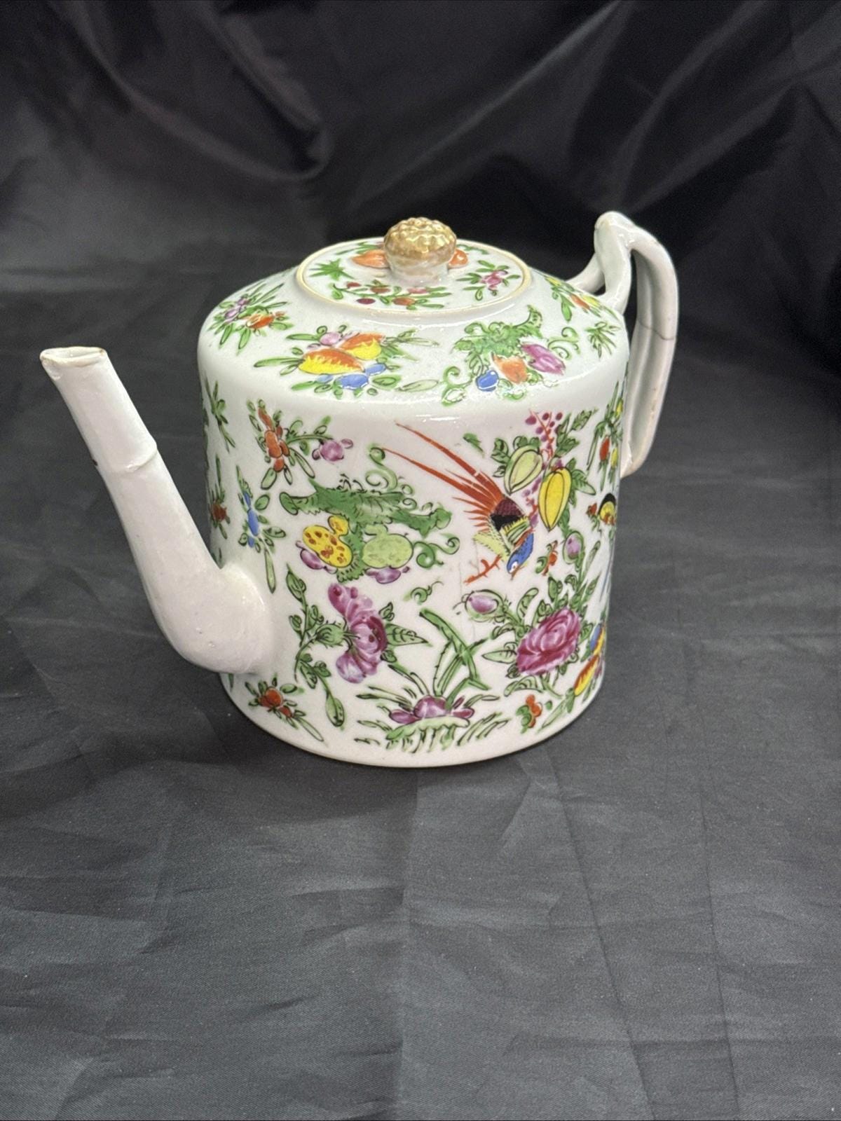 Antique Chinese Porcelain Teapot with Lid Cantonese Famile Rose 19th Century