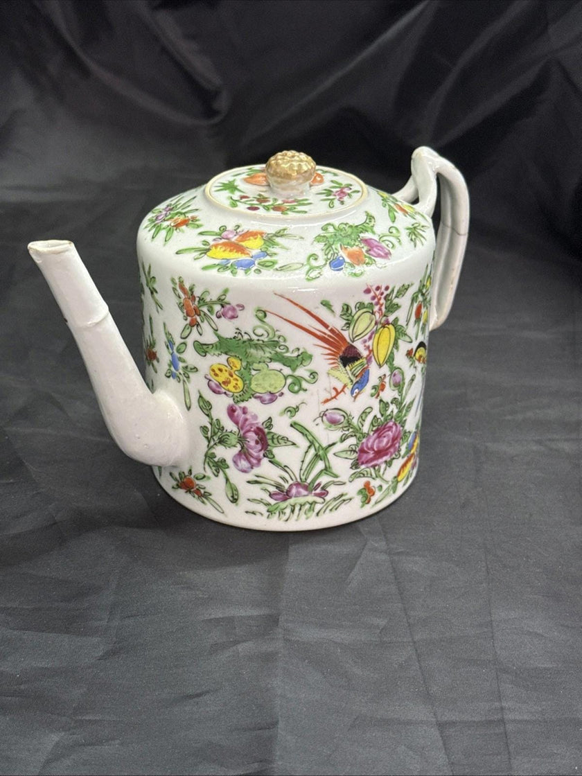 Antique Chinese Porcelain Teapot with Lid Cantonese Famile Rose 19th Century