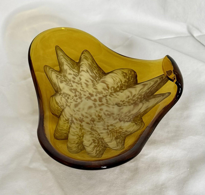 Vintage Murano Princess House Amber Aventurine Abstract Flower Art Glass Bowl