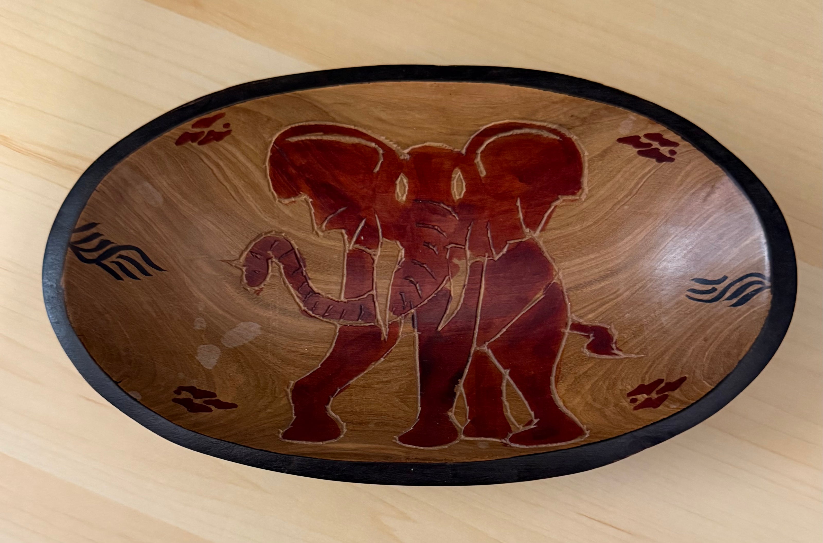 Vintage Hand Carved African Rosewood Oval Elephant Bowl 8” Long