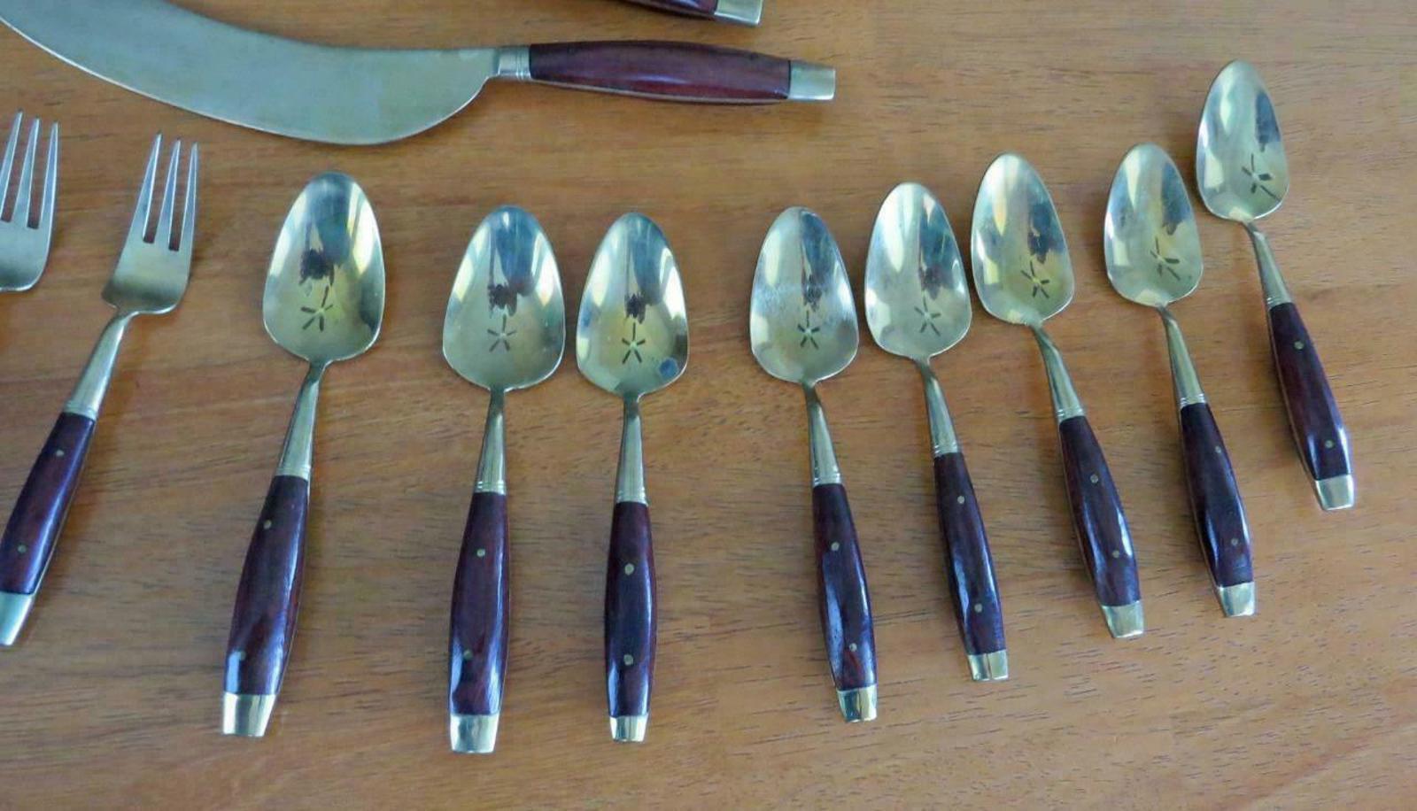 Vintage Thailand Siam Gold Bronze Rosewood Dessert Serving Set of 19 with Chest