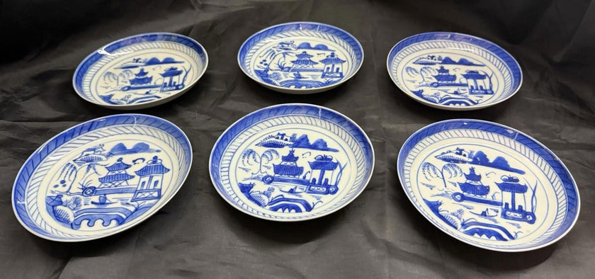 Antique Set Of 6 Chinese Export Canton Blue and White Plates 6” High Rim RARE!