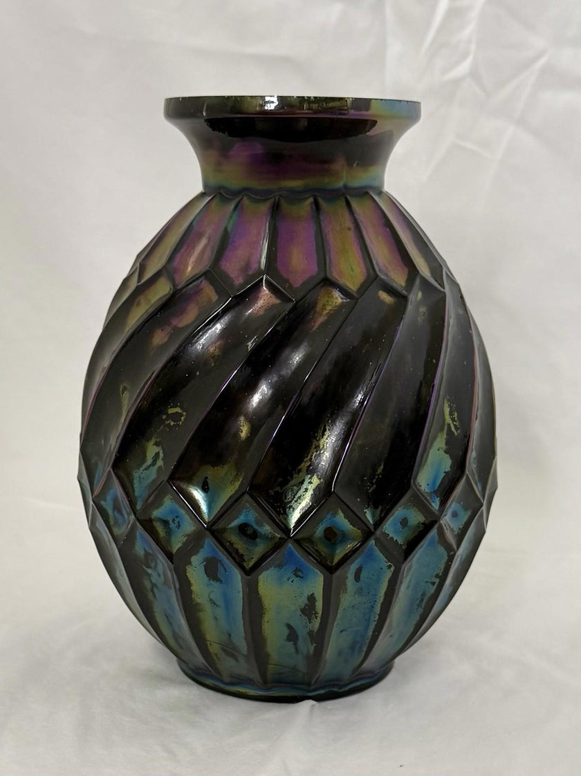 Vintage Black Iridescent Art Deco Avec Rectangles Carnival Glass Rainbow RARE