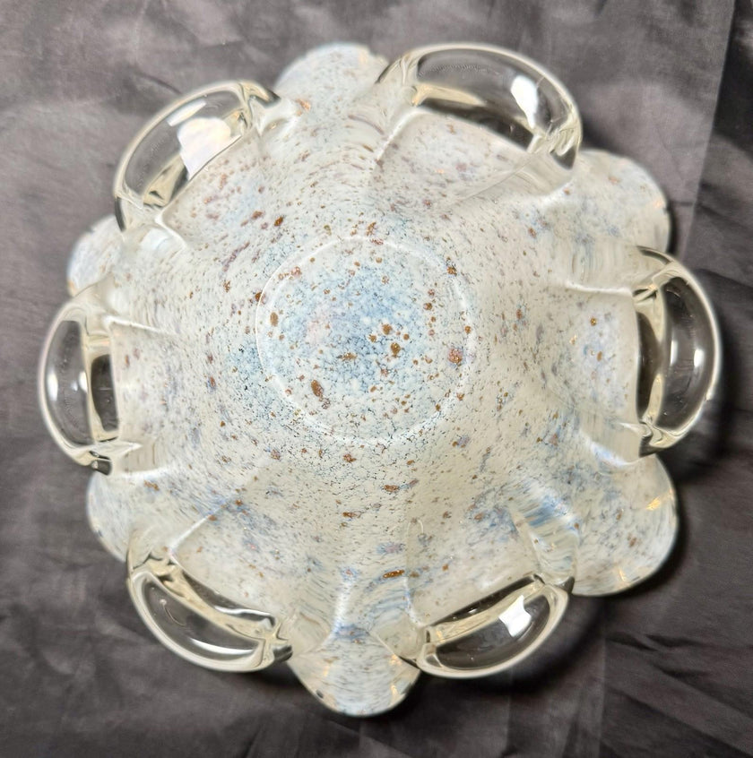 Vintage Murano Aventurine Italian Glass Bowl Fratelli Toso Opalescent White Blue