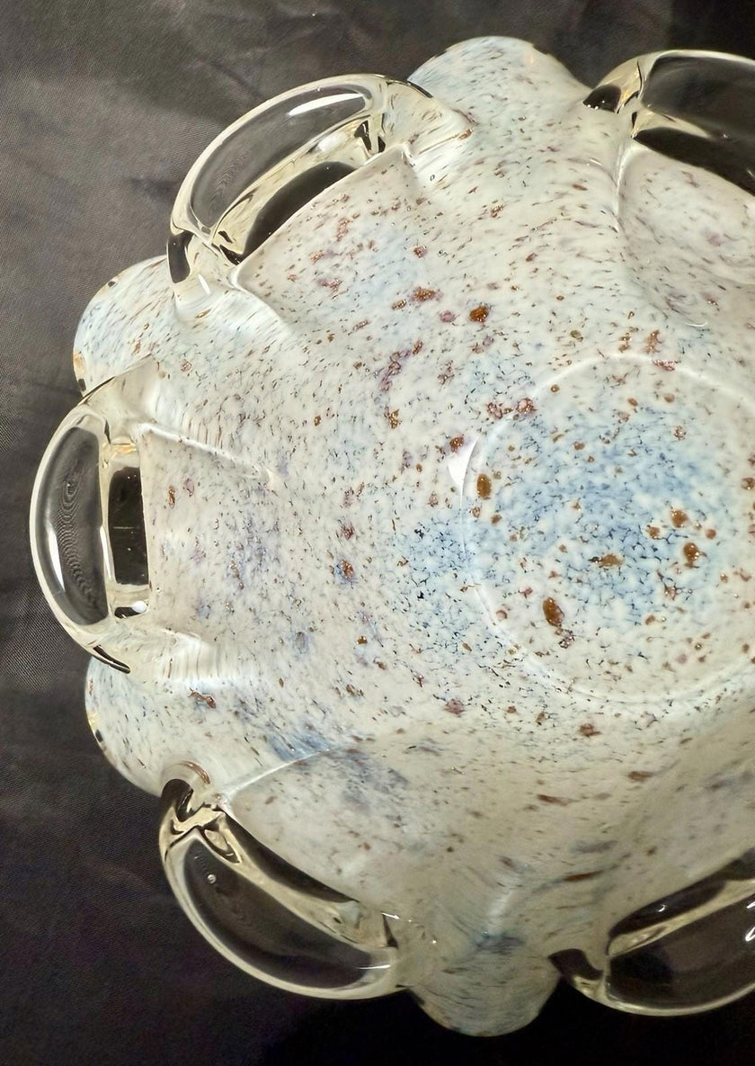 Vintage Murano Aventurine Italian Glass Bowl Fratelli Toso Opalescent White Blue