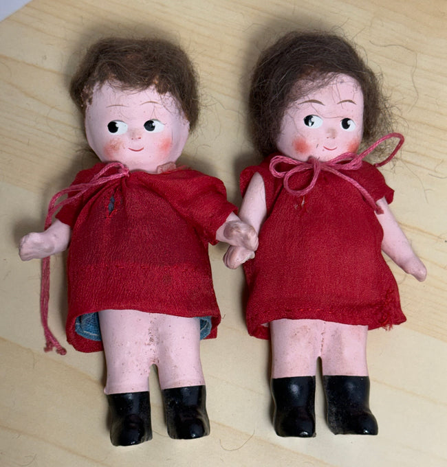 Pair of Vintage 1930s Roberta Composition Kewpie-Style Dolls in Red Dresses