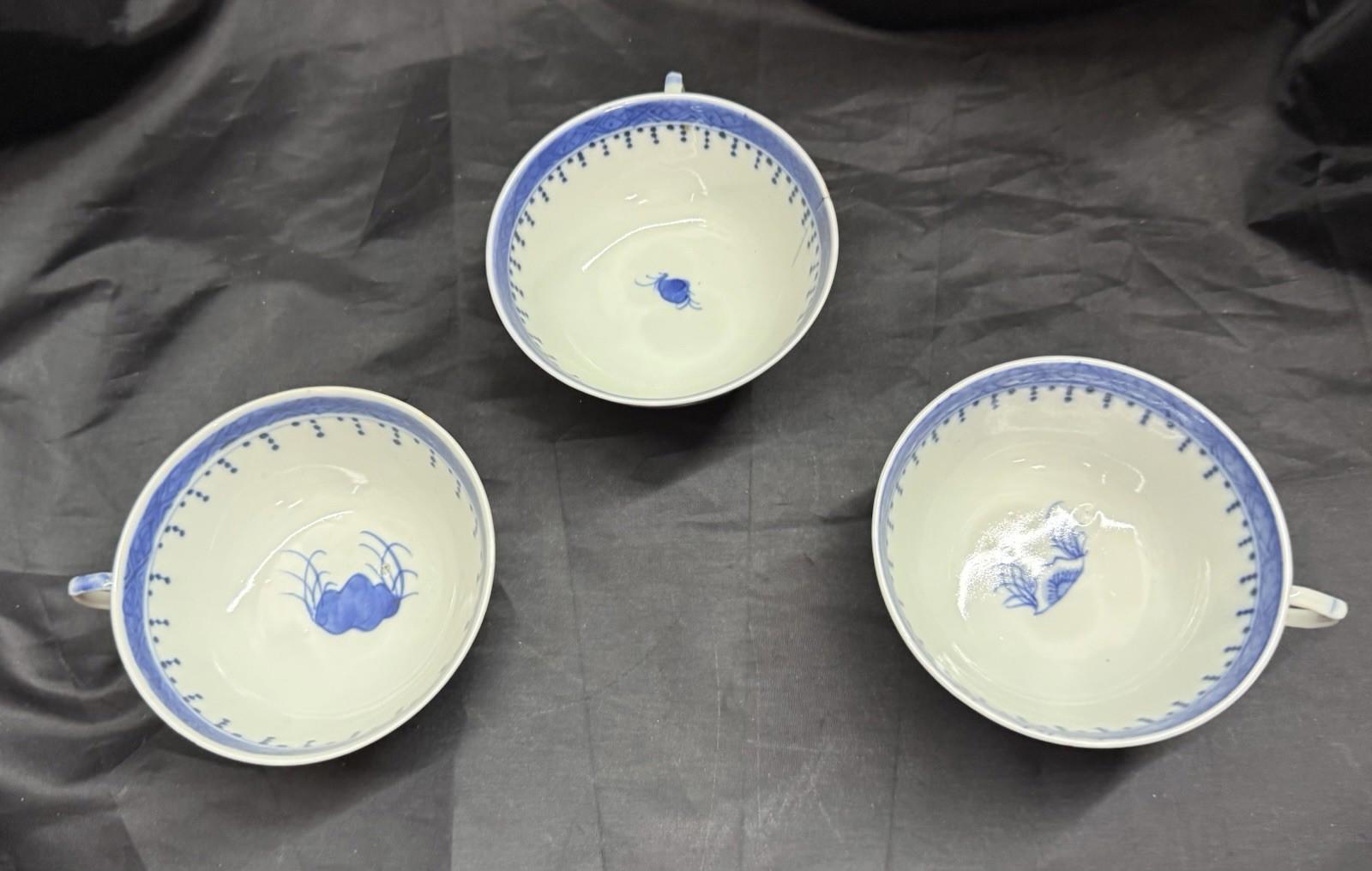 Antique Set 3 Chinese Export Blue & White Canton Pattern Porcelain Tea Cups Rare