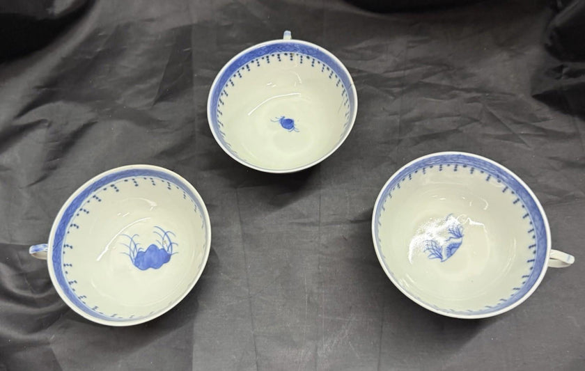Antique Set 3 Chinese Export Blue & White Canton Pattern Porcelain Tea Cups Rare