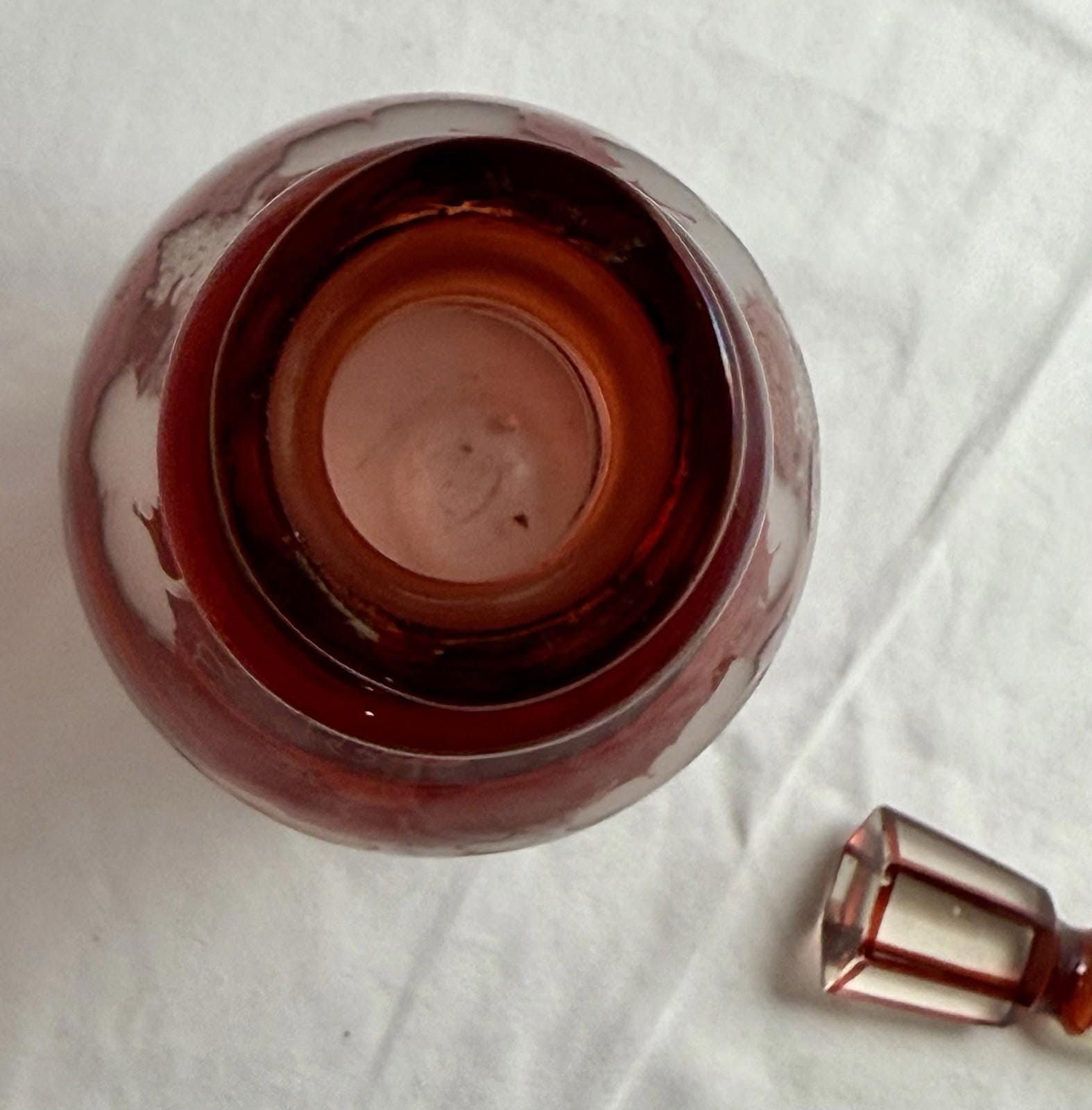 Antique Bohemian Czech Engraved Ruby Blown Glass Decanter & Stopper 19th Century
