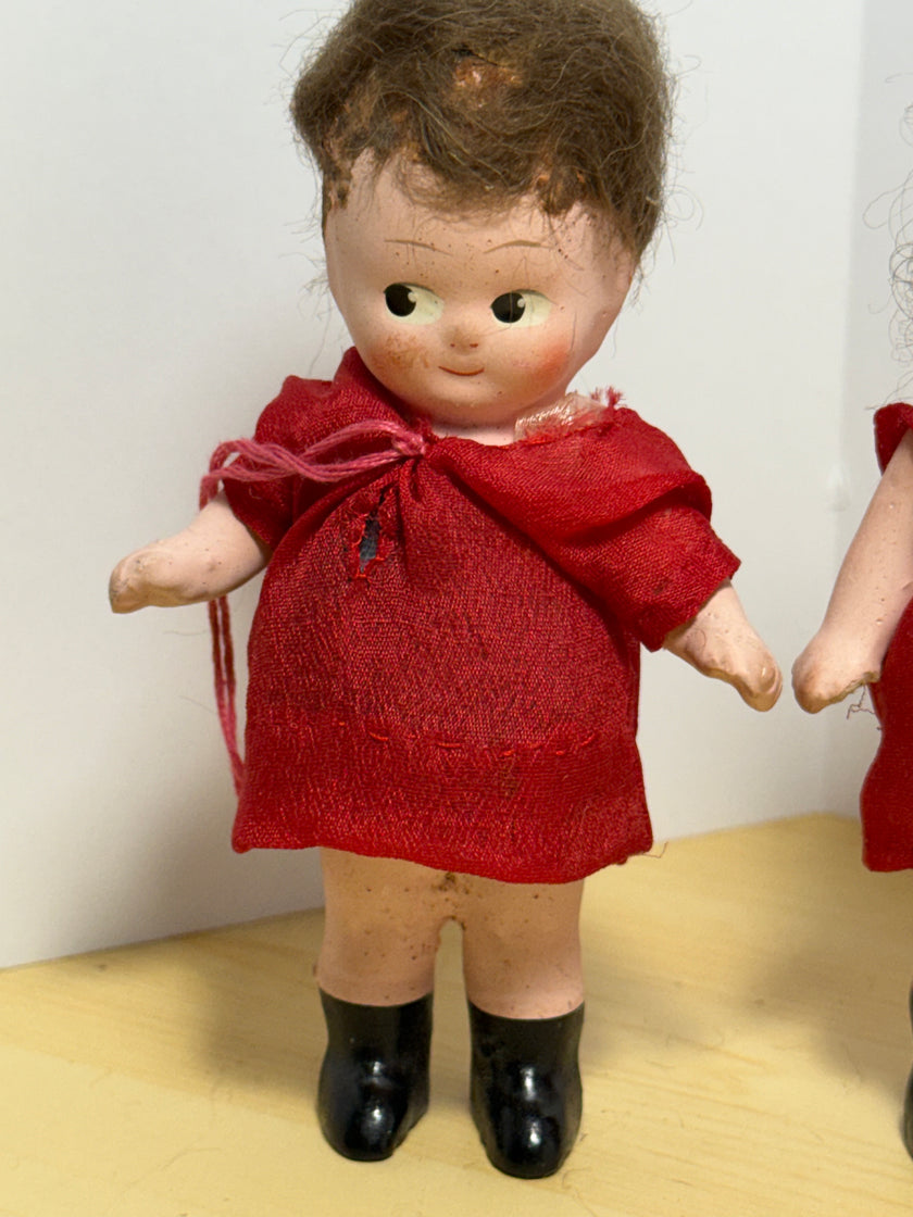 Pair of Vintage 1930s Roberta Composition Kewpie-Style Dolls in Red Dresses