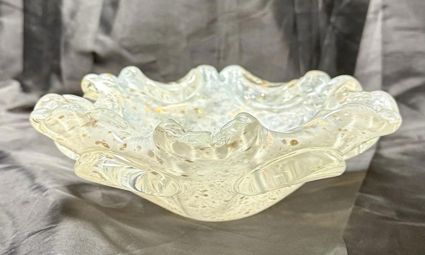 Vintage Murano Aventurine Italian Glass Bowl Fratelli Toso Opalescent White Blue