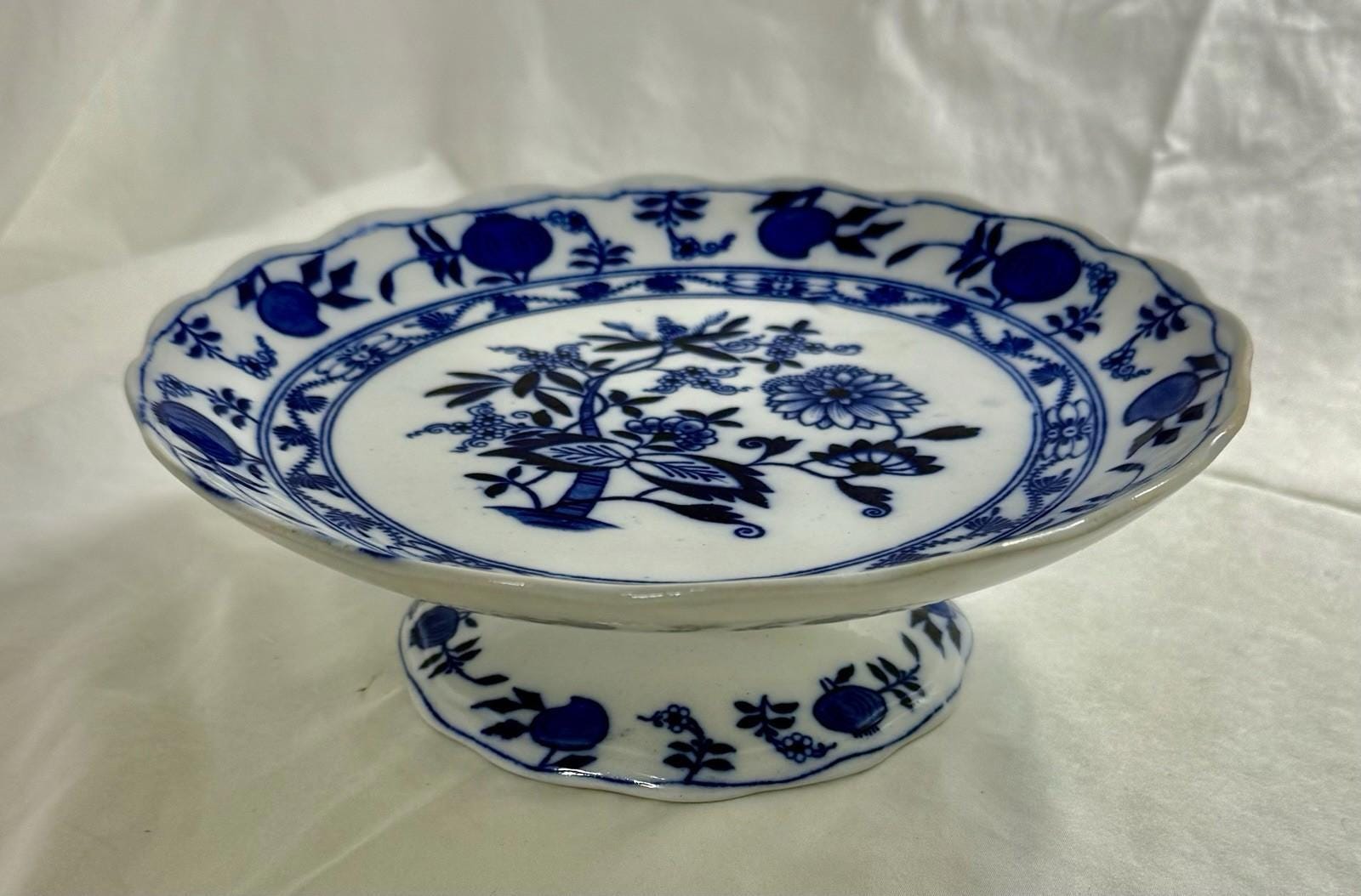 Antique Lewis Straus & Sons Blue Meissen Pedestal Cake Stand Blue Onion Pattern
