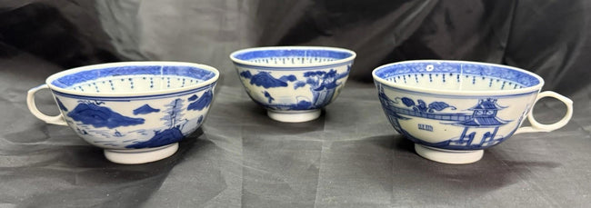 Antique Set 3 Chinese Export Blue & White Canton Pattern Porcelain Tea Cups Rare