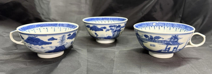 Antique Set 3 Chinese Export Blue & White Canton Pattern Porcelain Tea Cups Rare
