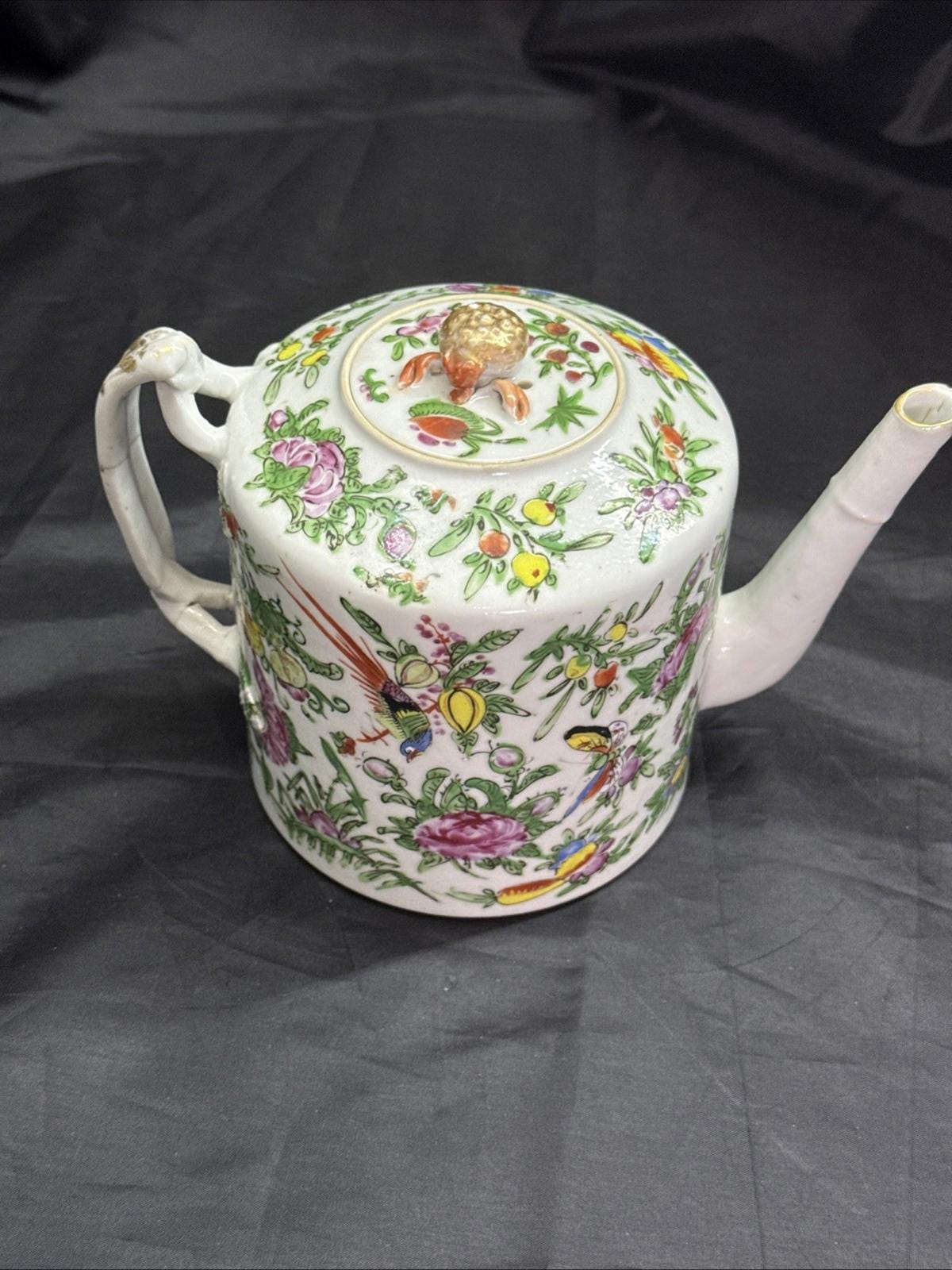 Antique Chinese Porcelain Teapot with Lid Cantonese Famile Rose 19th Century