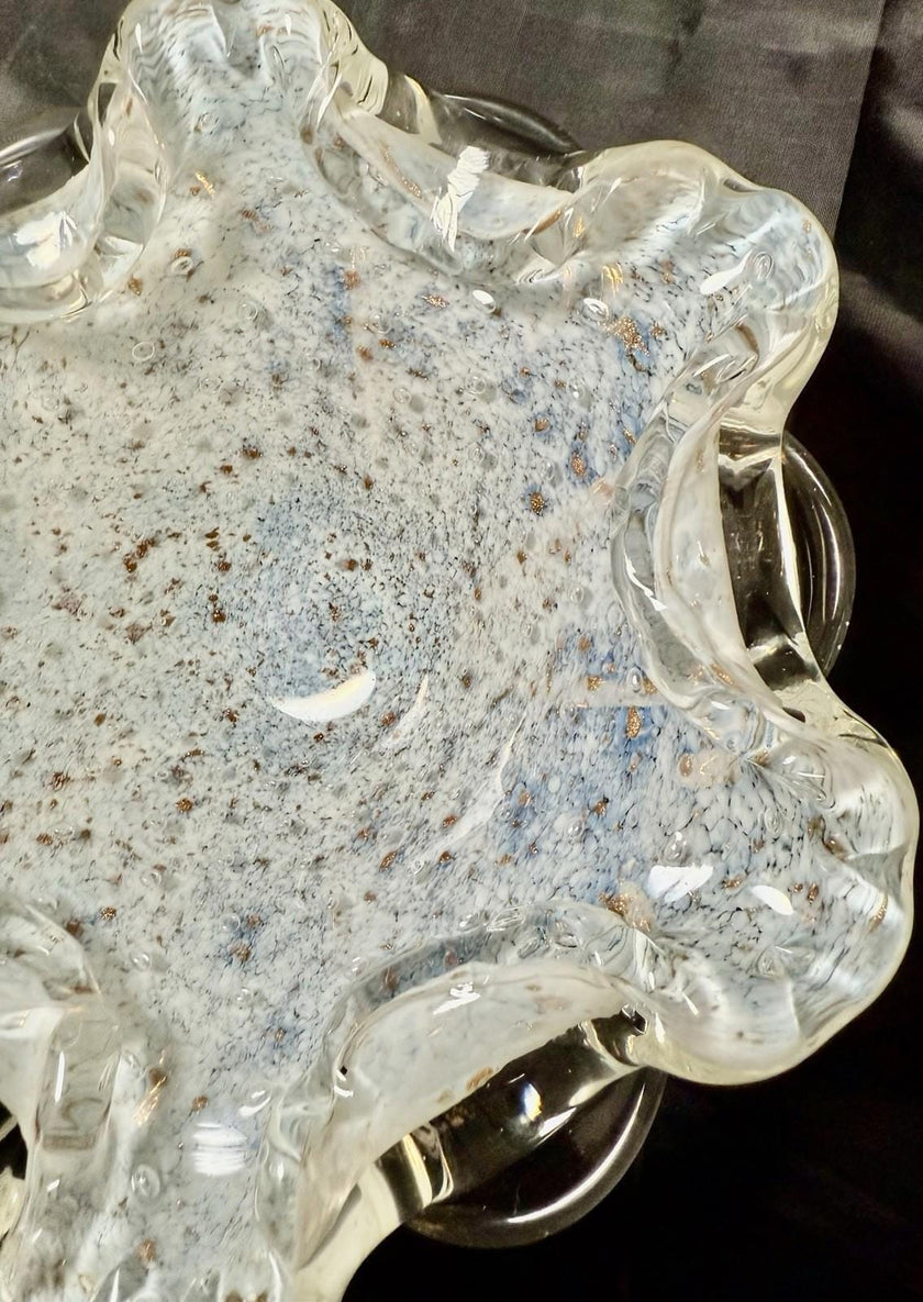 Vintage Murano Aventurine Italian Glass Bowl Fratelli Toso Opalescent White Blue