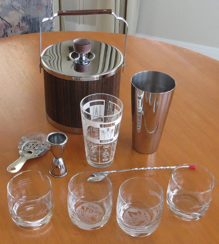 Vintage Bar Set Mr Bartender Shaker Set Jack Daniels Rock Glasses Set of 4