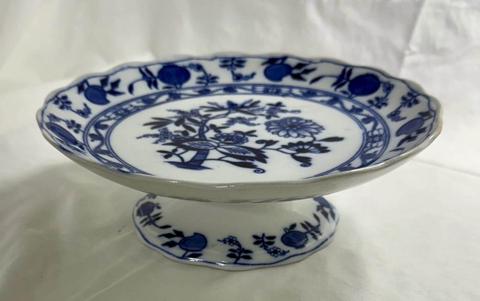 Antique Lewis Straus & Sons Blue Meissen Pedestal Cake Stand Blue Onion Pattern