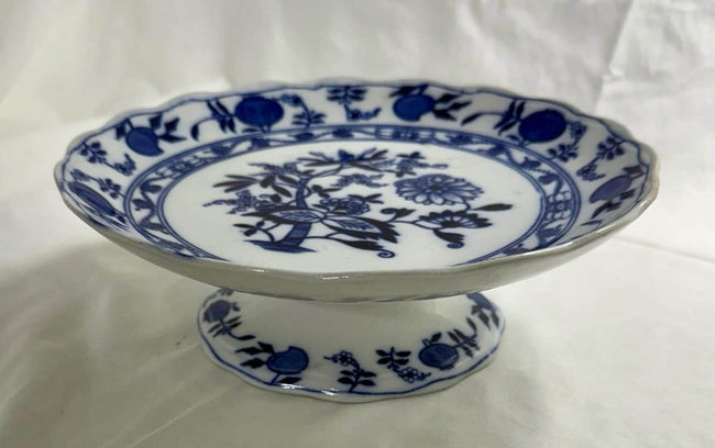 Antique Lewis Straus & Sons Blue Meissen Pedestal Cake Stand Blue Onion Pattern